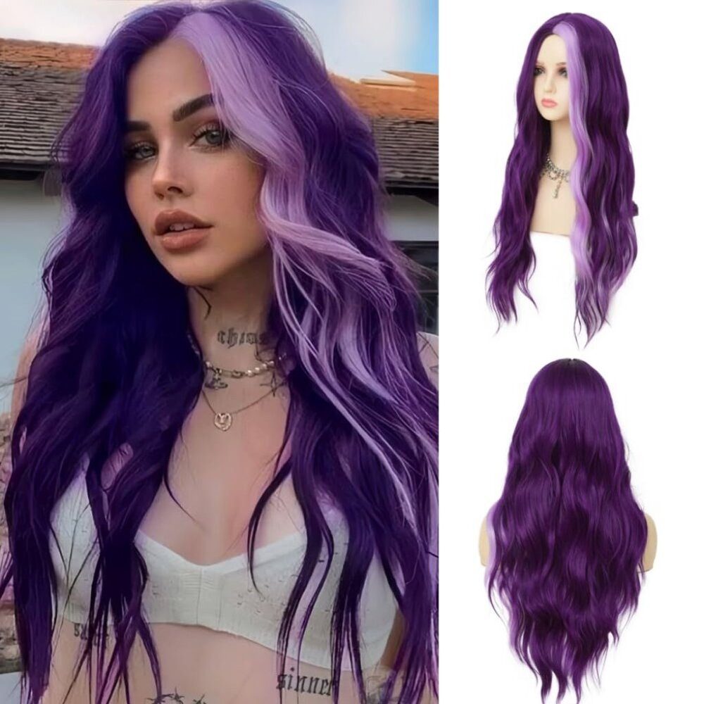 Dark Purple Wavy Long Wigs for Women Natural Curly Middle Part with Light Purple